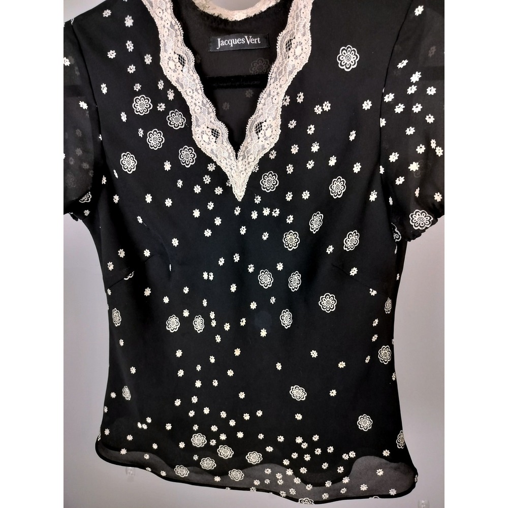 Jacques Vert Lace Trim Chiffon Floral Blouse Black White Puff Sleeve Top - Picture 5 of 7